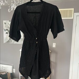 Black Lace Trim mini dress summer crochet trim XS